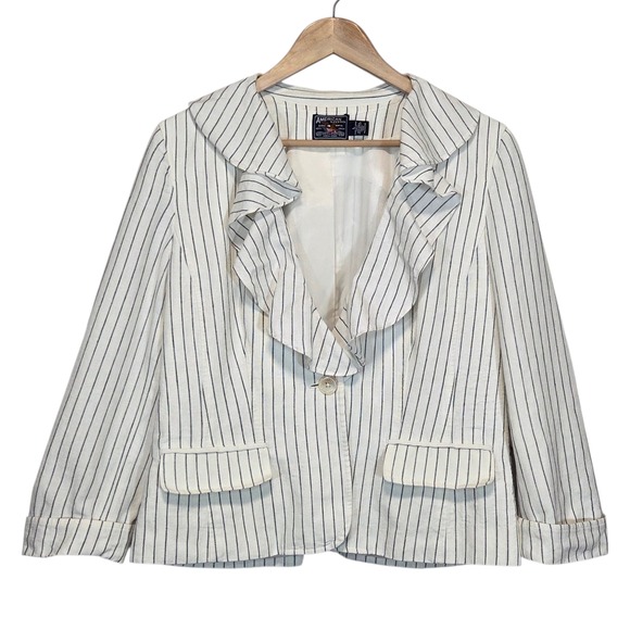 American Living Jackets & Blazers - American Living White Linen Ruffle Blazer Navy Pinstripe Nautical Jacket Size L